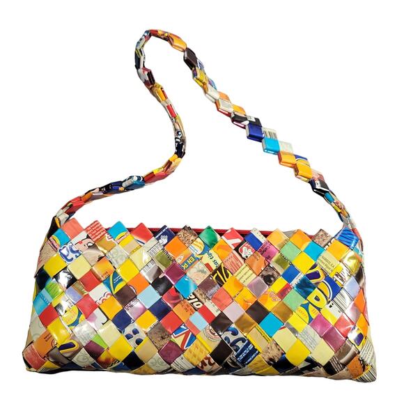 Handmade Recycled Wrapper Woven Shoulder Bag Colorful Eco-Friendly Purse New - Picture 1 of 15